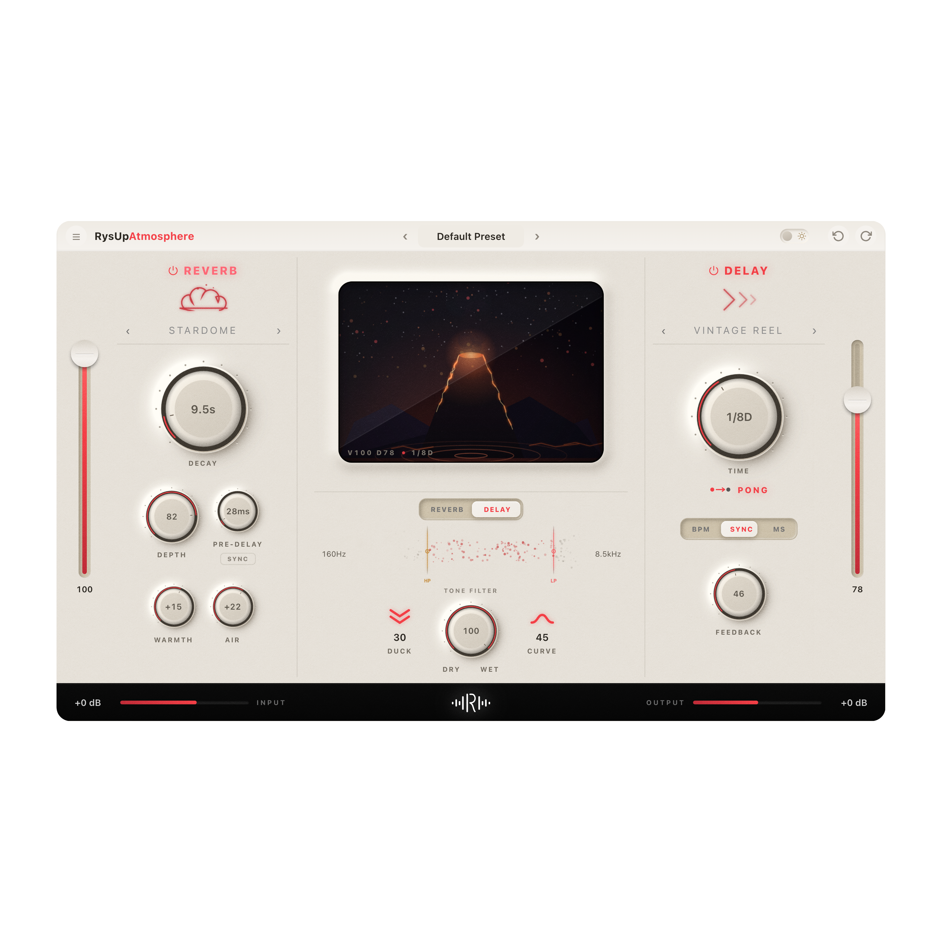 RysUpAtmosphere reverb and delay plugin interface with reverb and delay engines, tone filter and ducking