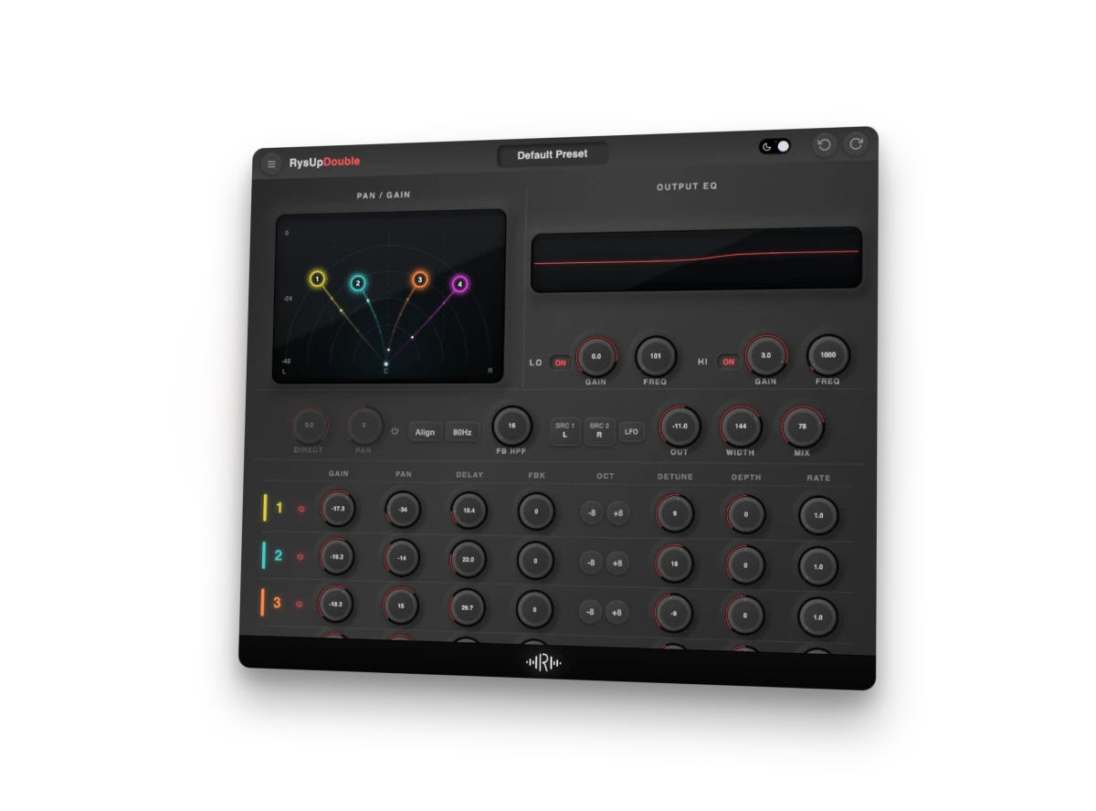 RysUpDoubler interface for adding controlled stereo width after a mono vocal recording