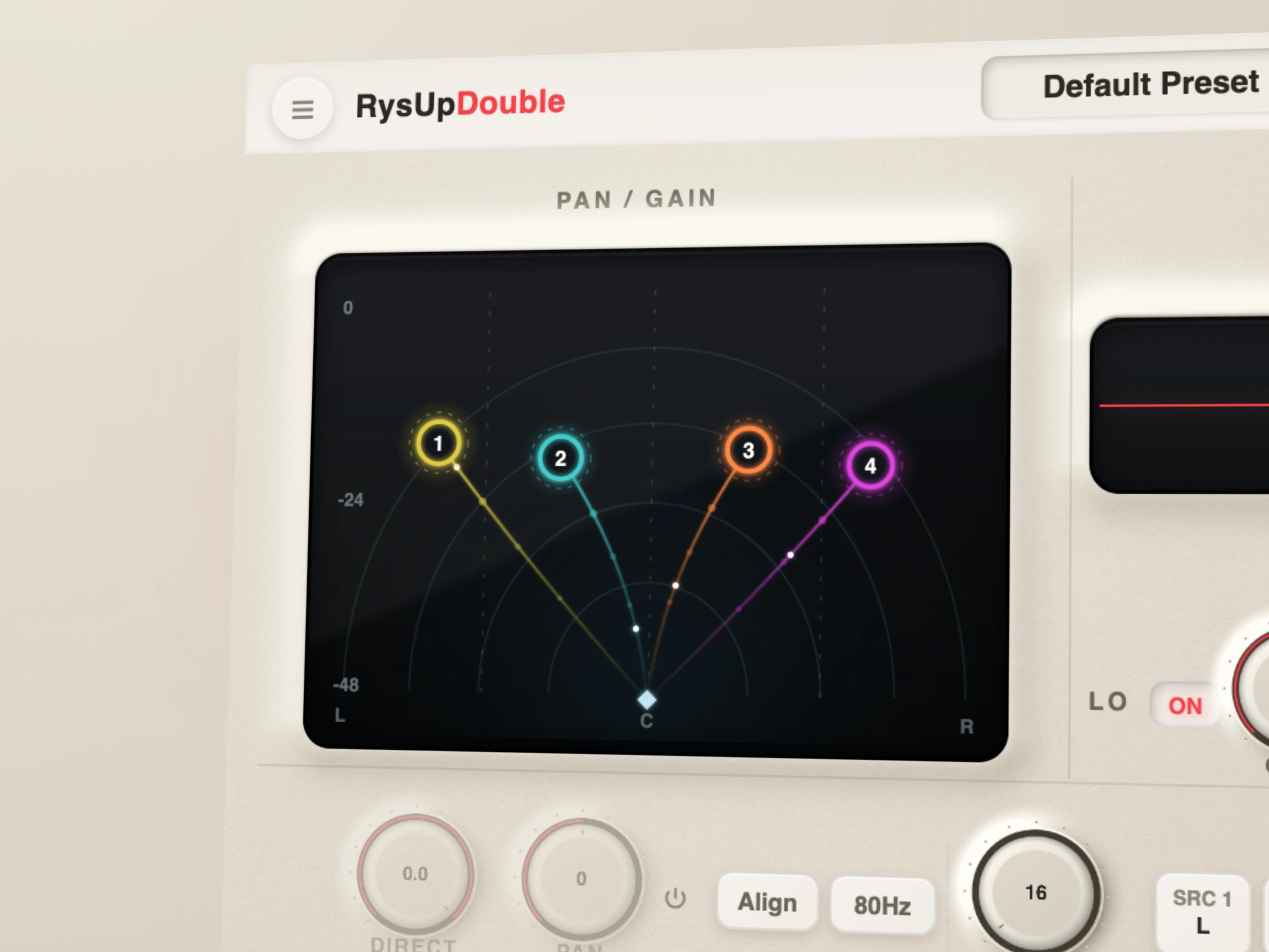 RysUpDoubler closeup showing four independent vocal voices, each with its own pan and gain position