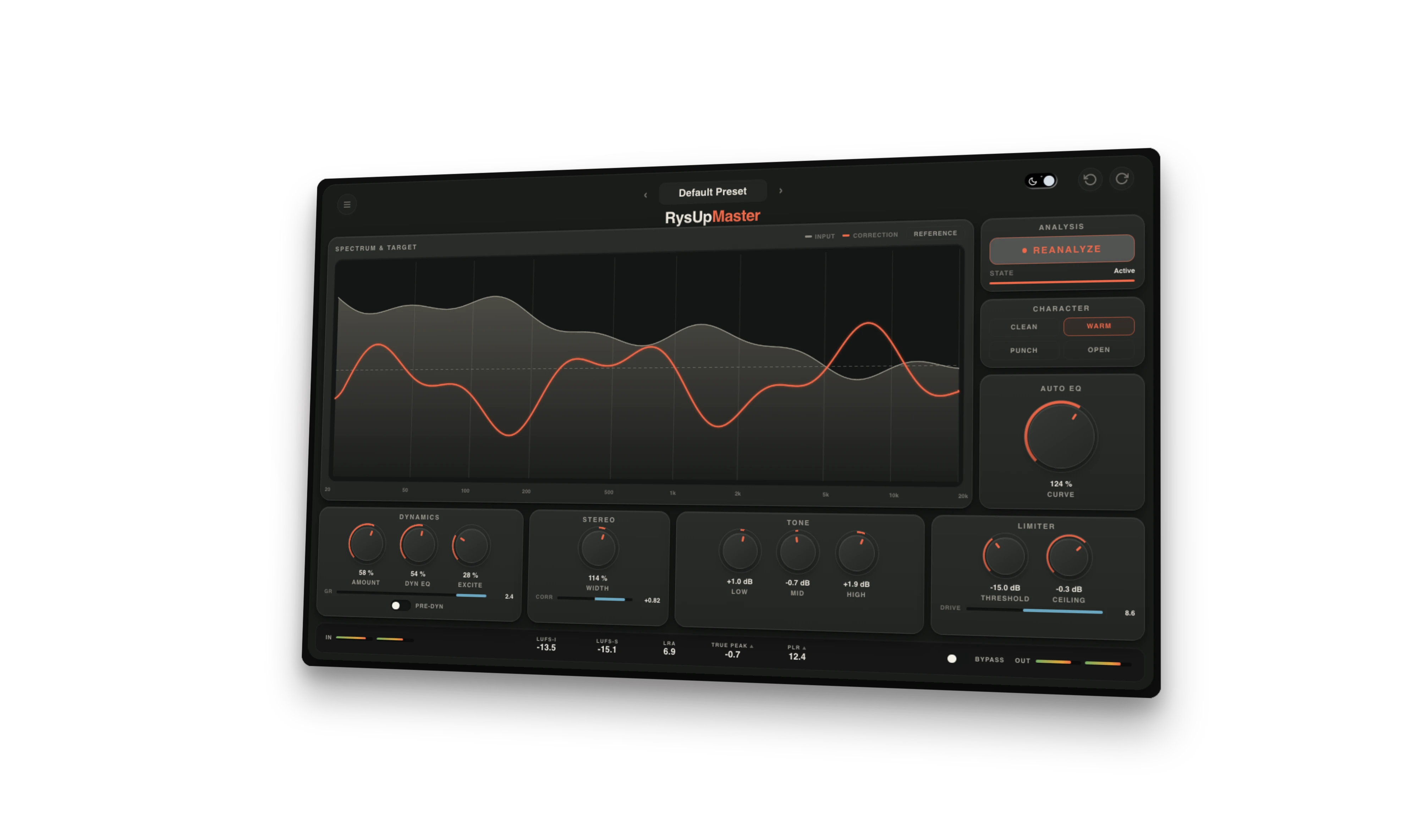 RysUpMaster AI mastering plugin interface