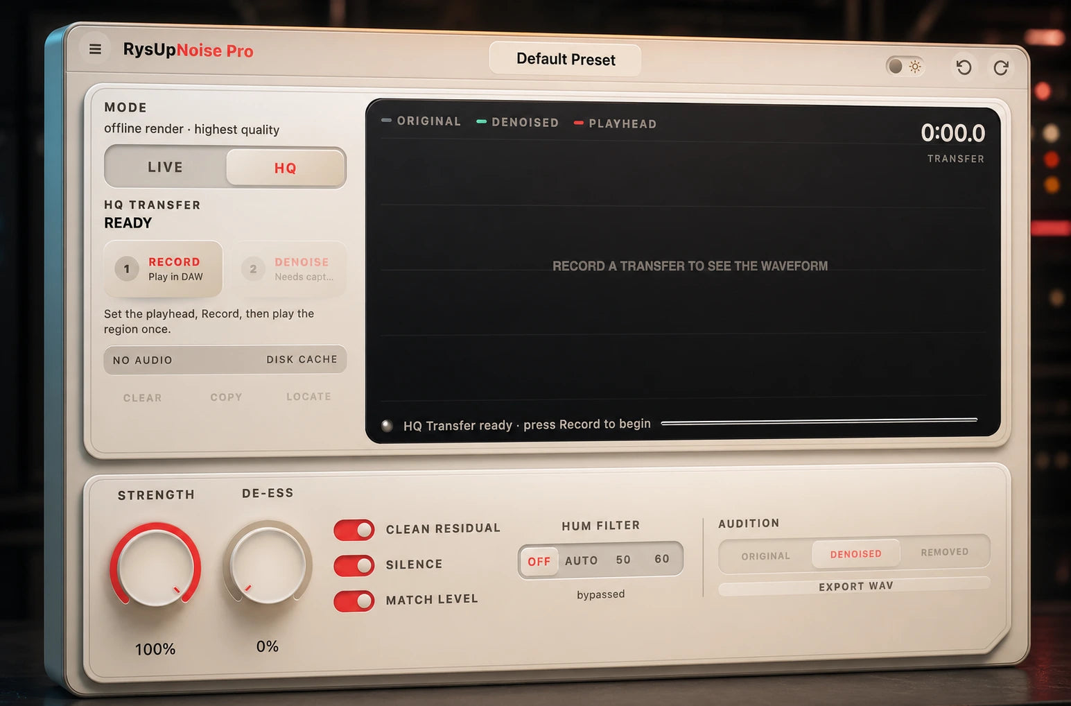 Cinematic closeup of the exact RysUpNoise Pro HQ restoration interface