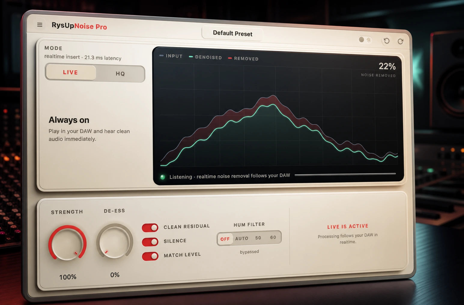Cinematic closeup of the exact RysUpNoise Pro Live AI cleanup interface