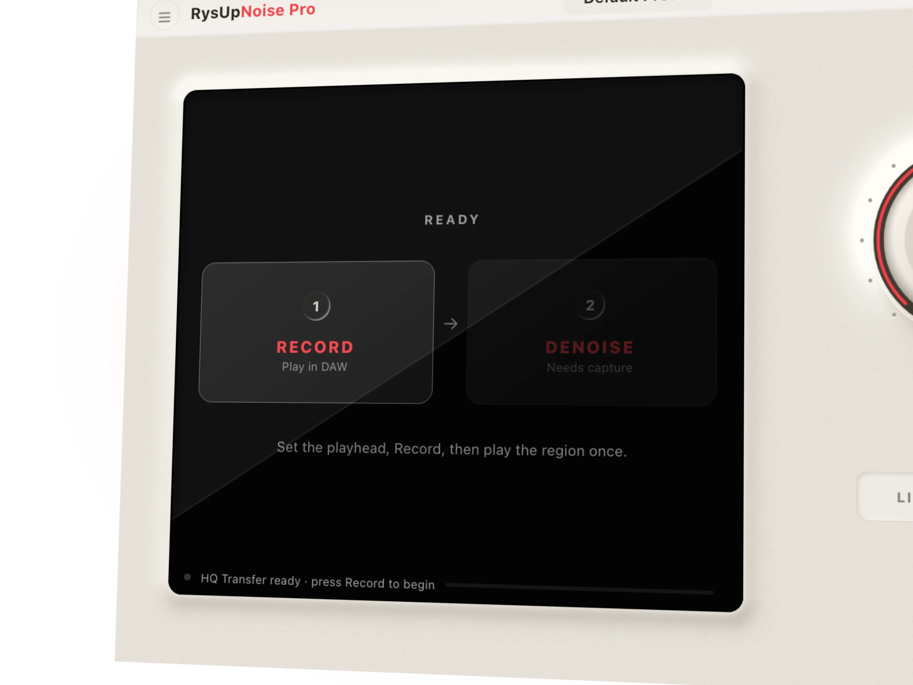 RysUpNoise Pro HQ Transfer interface showing capture, restore, audition, and export controls