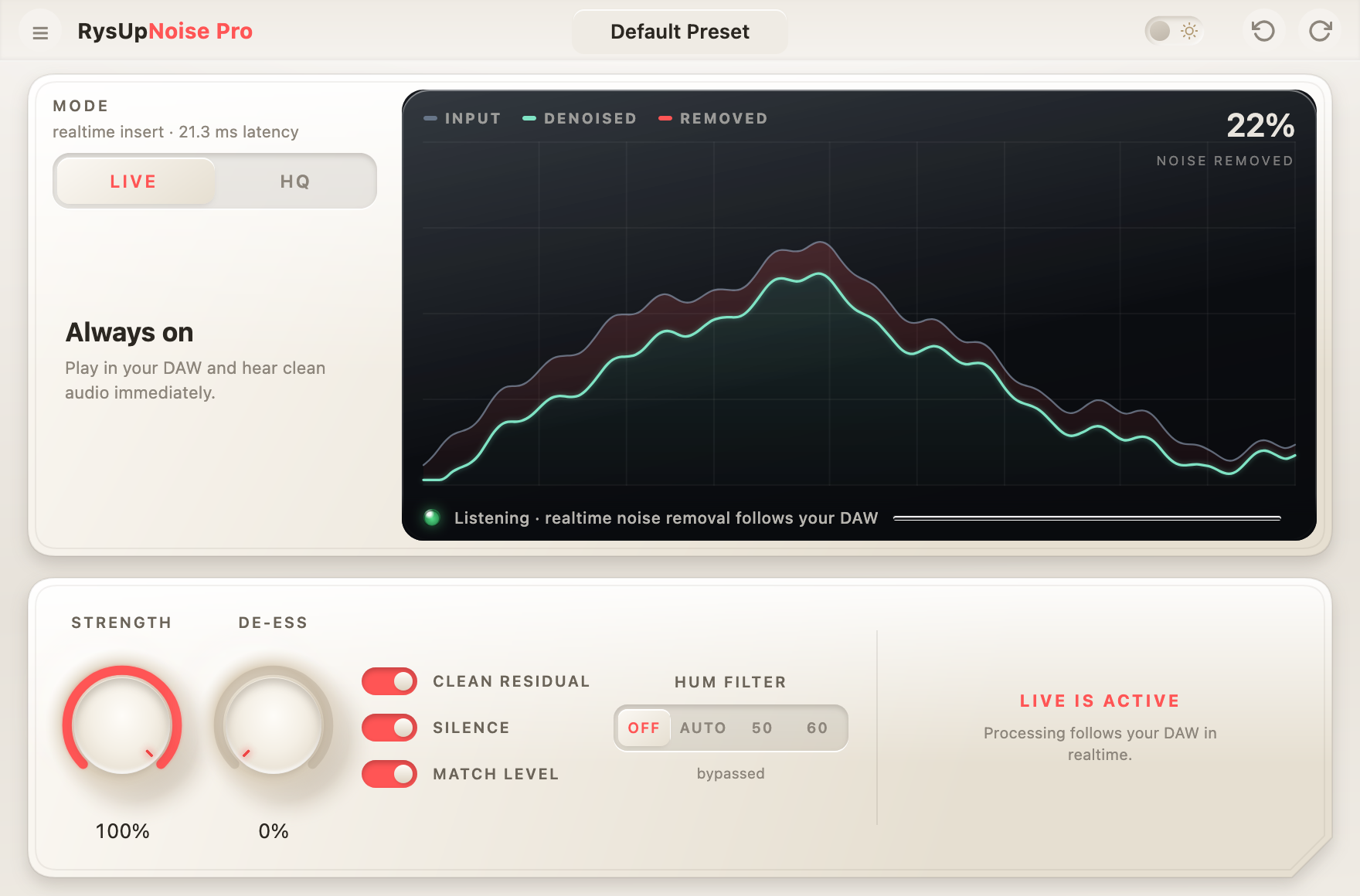 RysUpNoise Pro Live mode interface