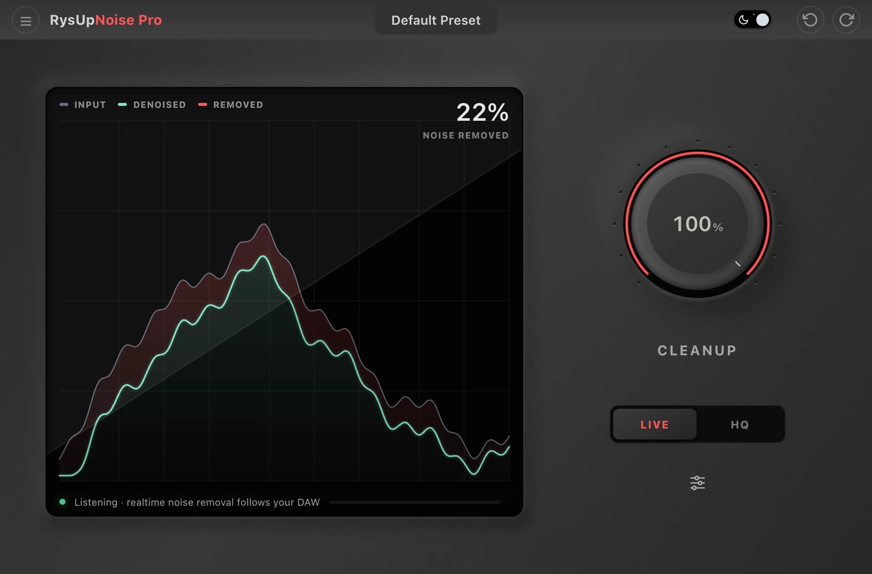 RysUpNoise Pro Live AI cleanup interface