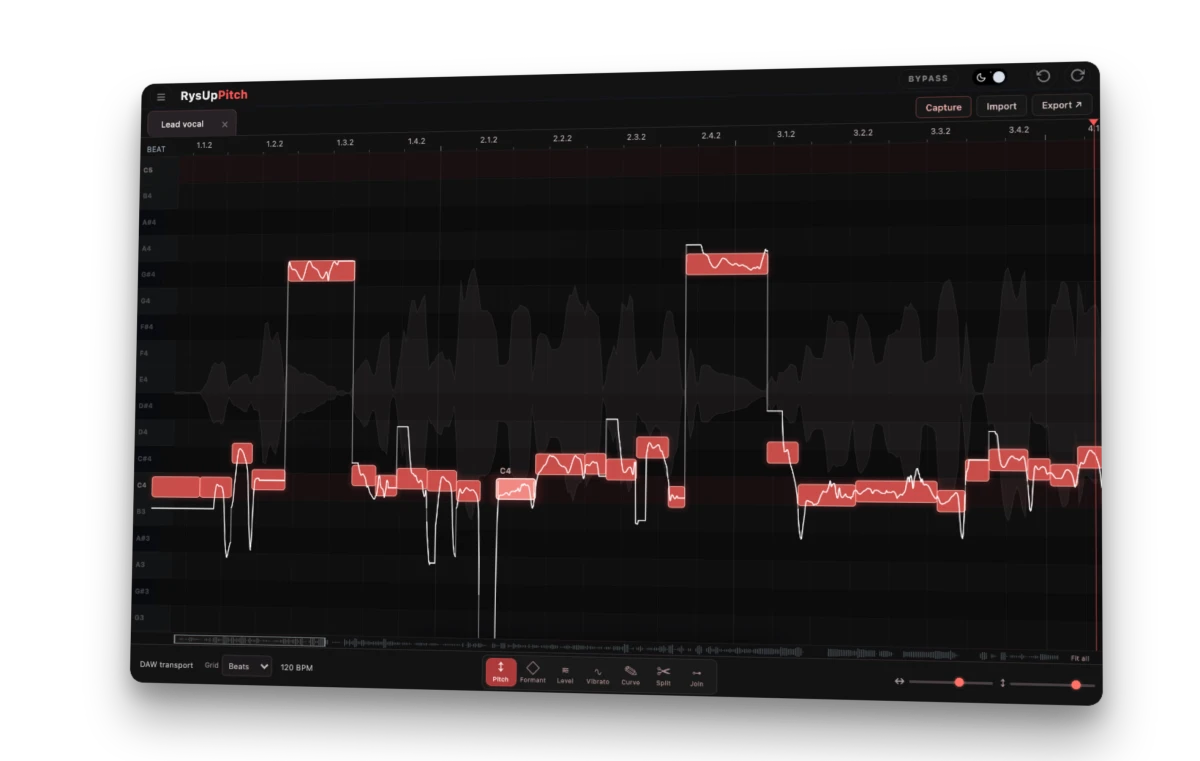 RysUpPitch vocal editor with note blobs and a piano roll