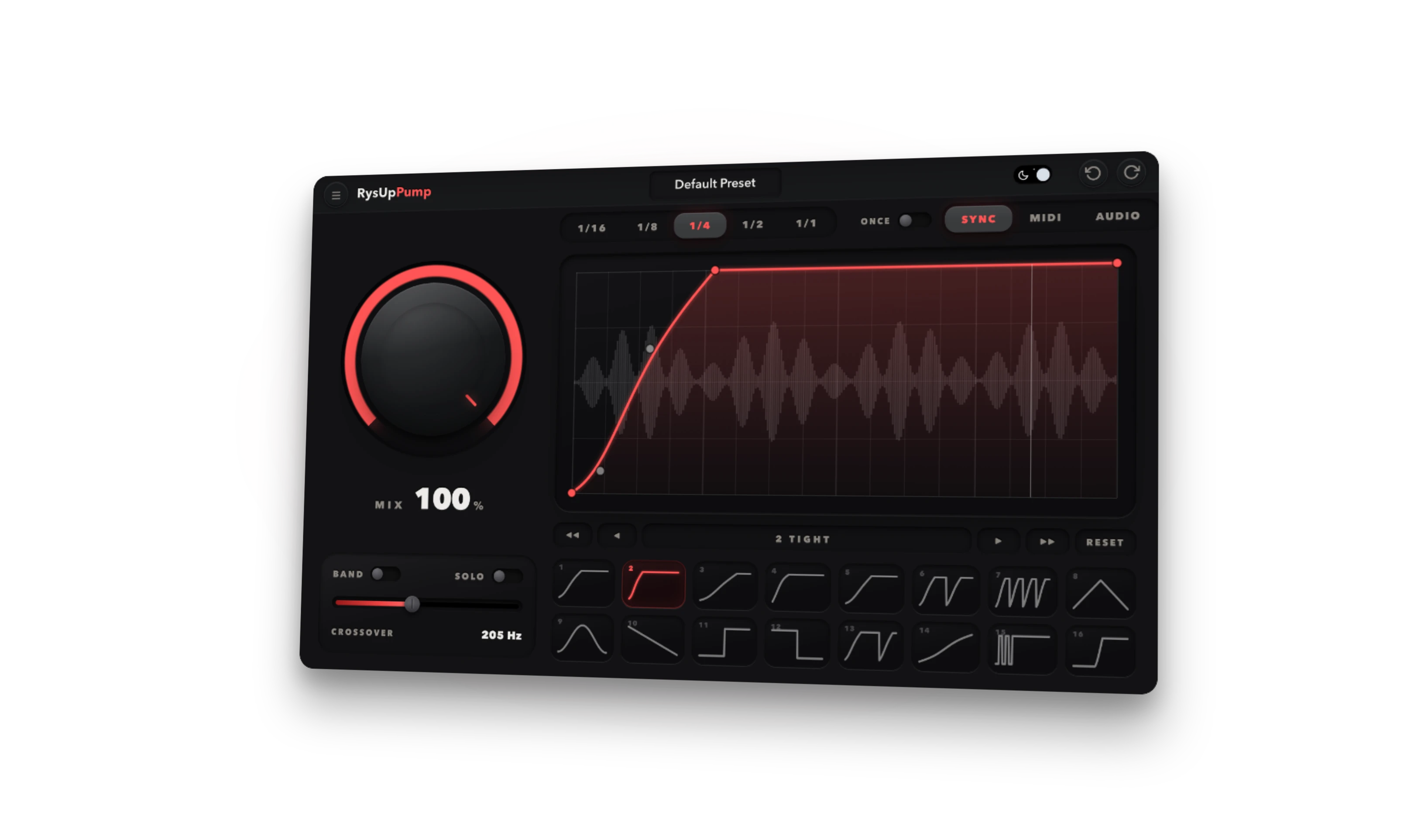 RysUpPump volume shaper plugin interface with editable pump curve