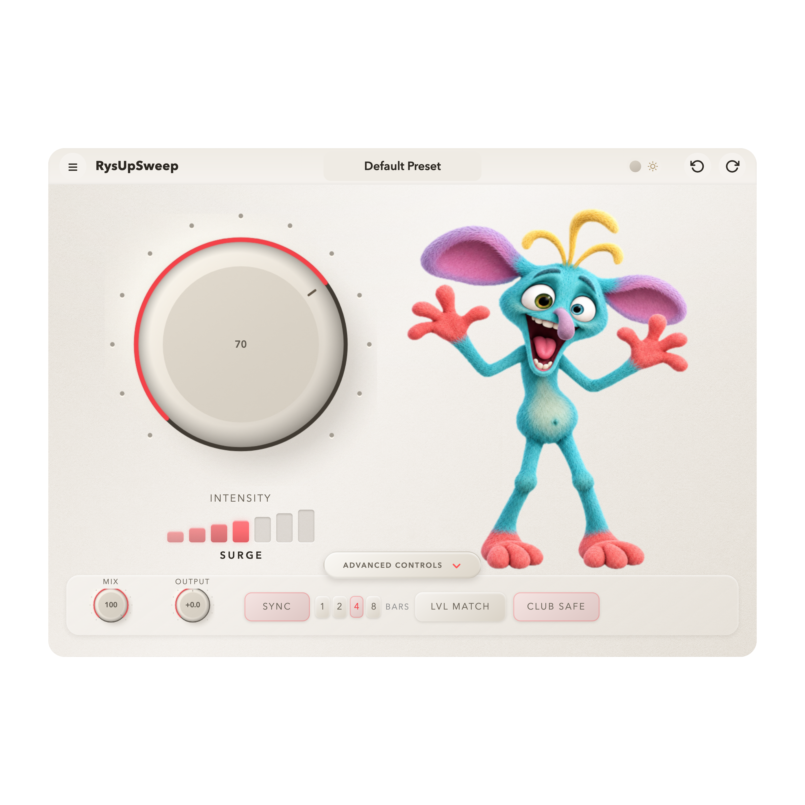 RysUpSweep riser plugin interface with the Intensity knob, the seven step mode meter and the animated creature visualizer