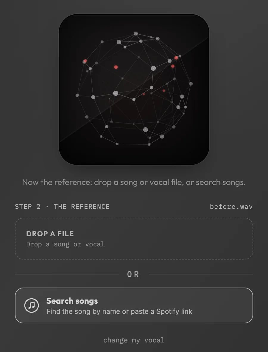 RysUpTwin reference step with a drop-a-file box and a Search songs button