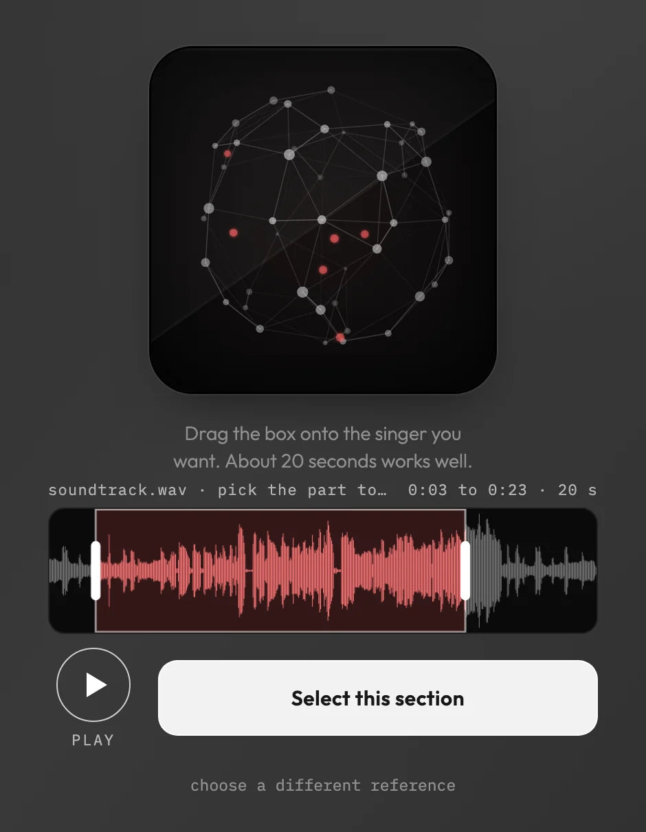 RysUpTwin section picker showing a song waveform with a 20 second selection