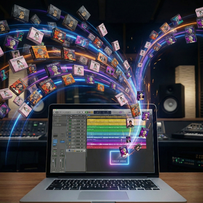 Laptop with music production software on a desk in a studio setting