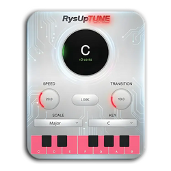 RysUpTUNE tuning device with digital display and keyboard keys on a white background