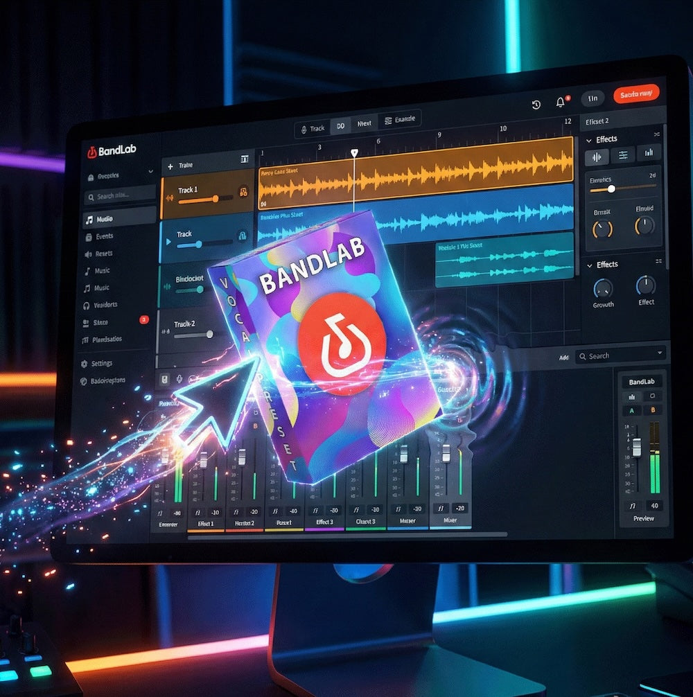 Computer monitor displaying BandLab music production software with a colorful logo overlay.