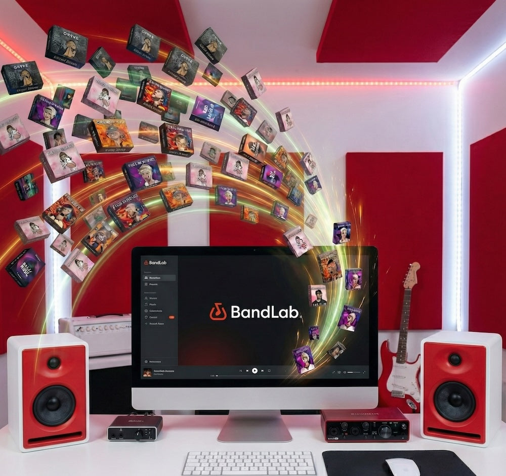 Computer setup with BandLab software on a screen, surrounded by music production equipment.