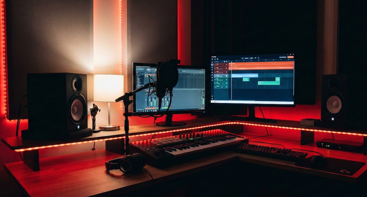 Music production setup with monitors, keyboard, and speakers in a dimly lit room.
