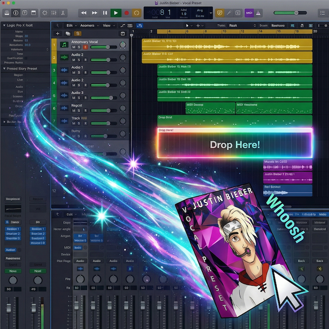 Music production software interface with a Justin Bieber voice preset being added.