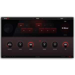 Software interface for audio processing with control knobs and labels on a dark background