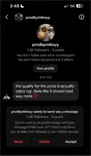 Instagram DM from prodbymikeyy saying the quality feels like it should cost way more.