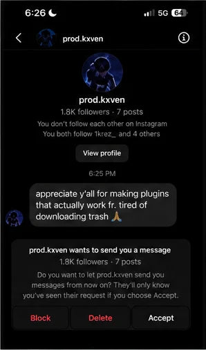 Instagram DM from prod.kxven appreciating plugins that work and are worth downloading.