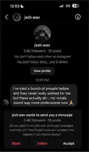 Instagram DM from jxsh.wav saying vocals sound more professional after using the presets.