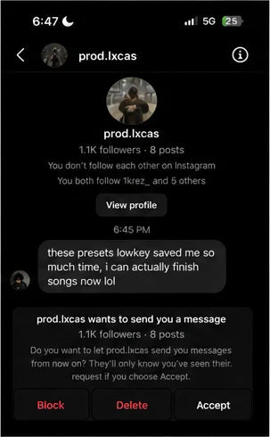 Instagram DM from prod.lxcas saying the presets save time and help finish songs.