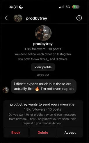 Instagram DM from prodbytrey saying the presets are fire.