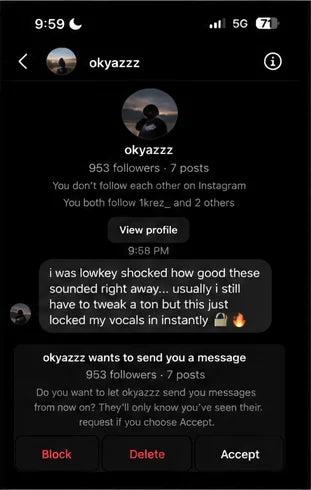 Instagram DM from okyazzz saying the presets locked vocals in instantly.